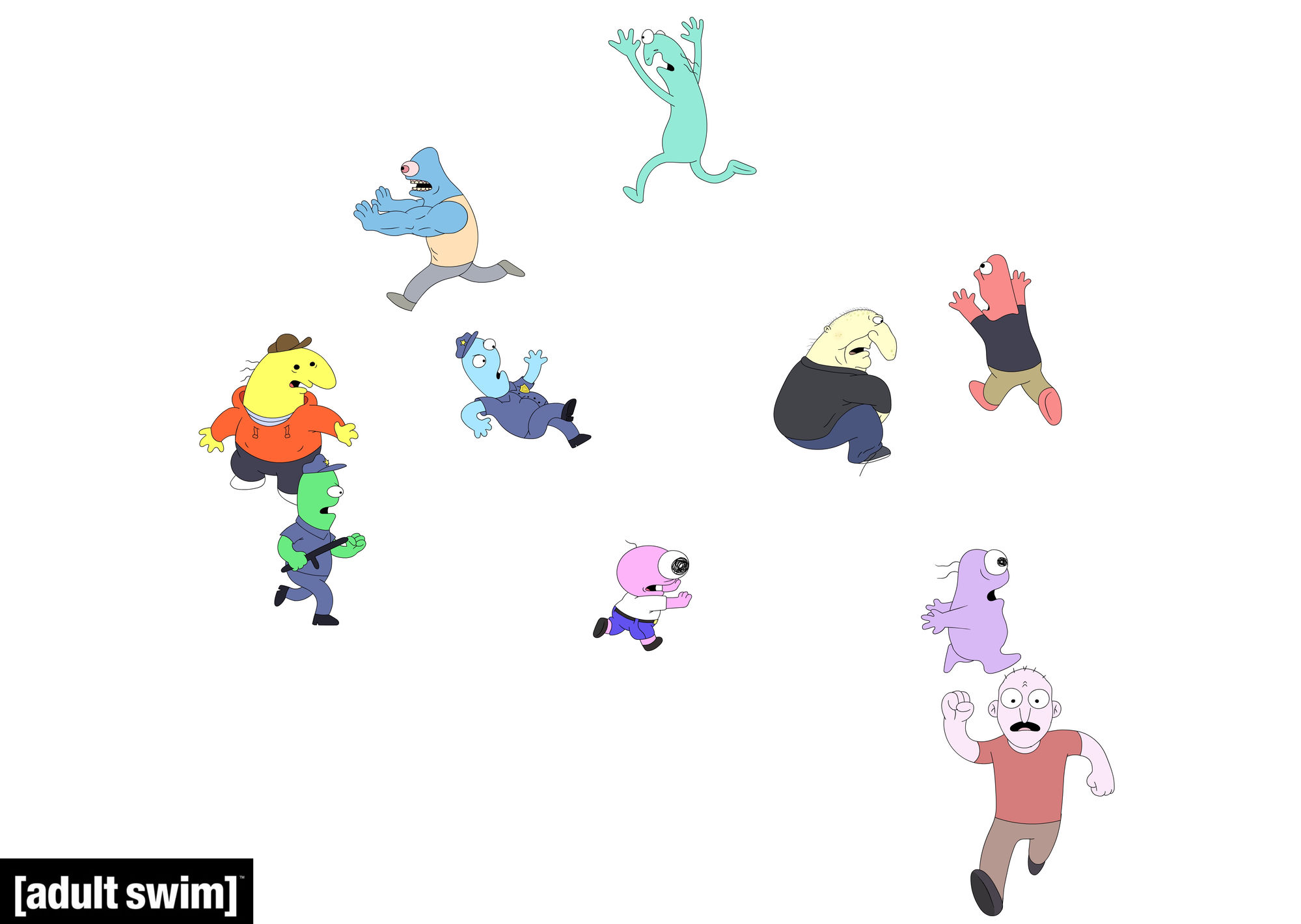Characters reacting and running