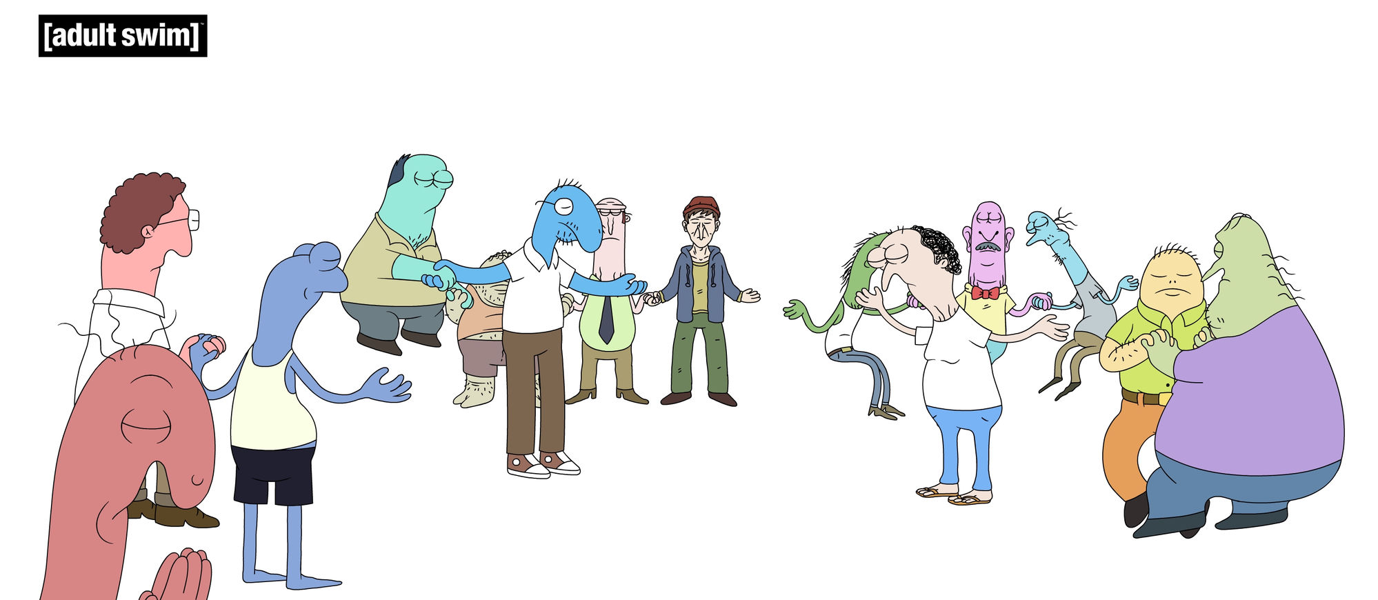 Two lines of characters holding hands