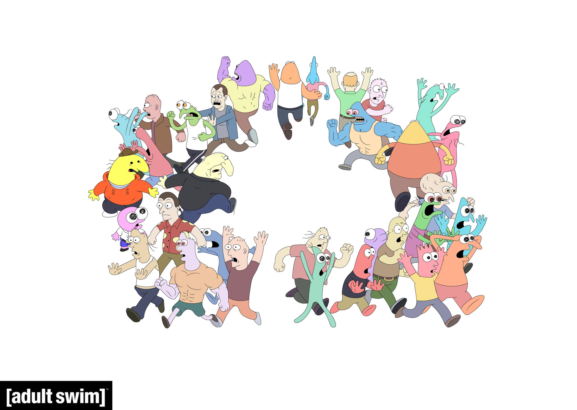 Crowd of characters running in a circle formation