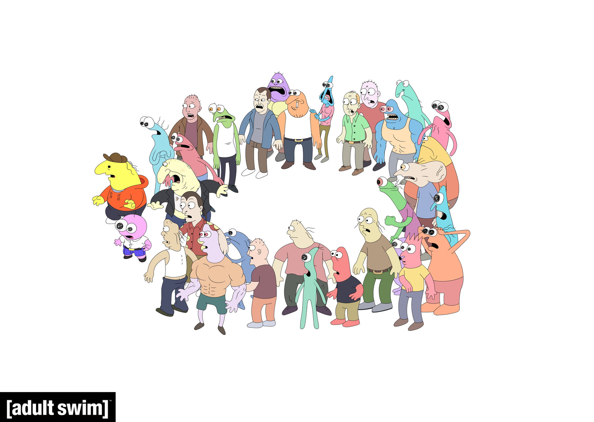 Crowd of characters running in a circle formation, alternate