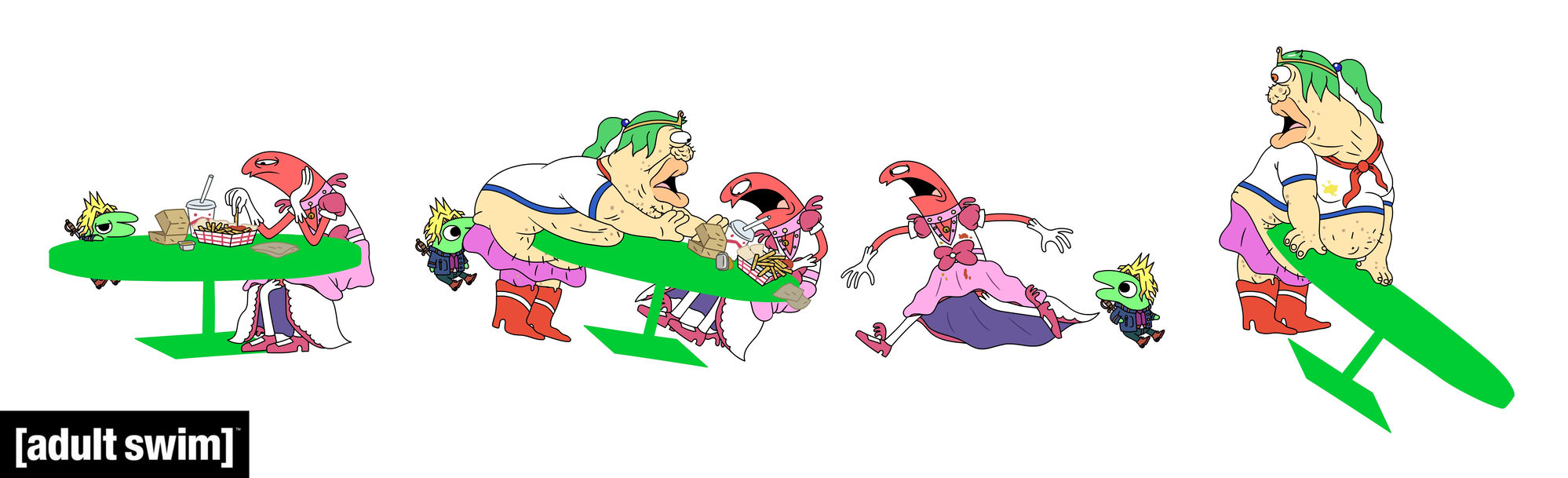 Family at a picnic table with fast food
