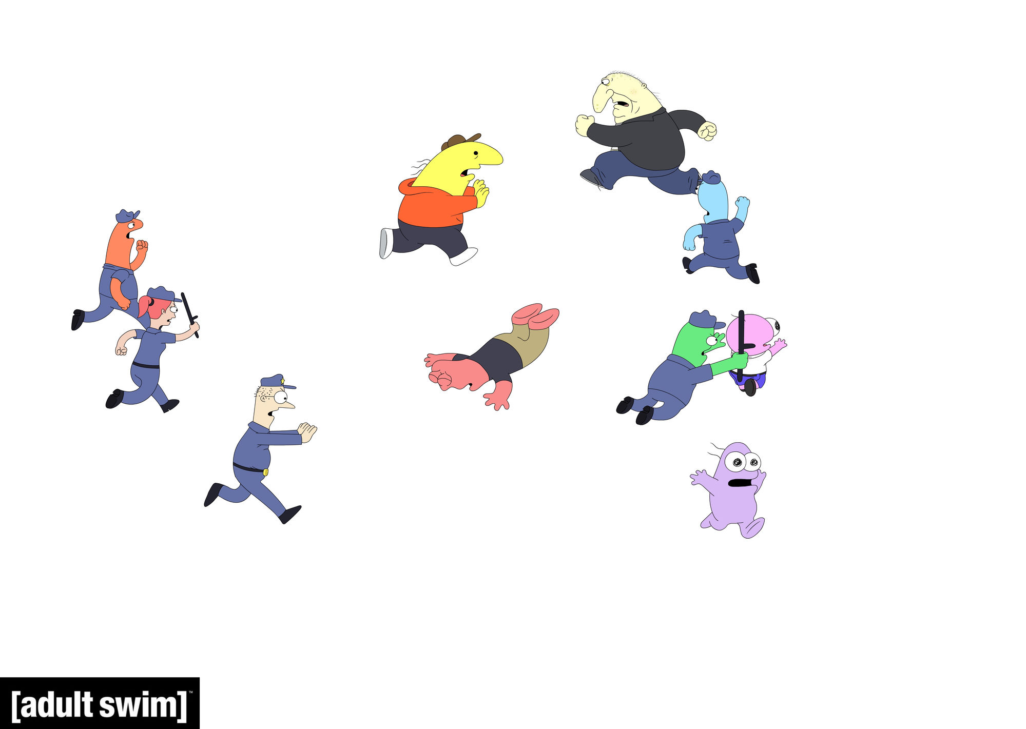 Characters fleeing police with batons