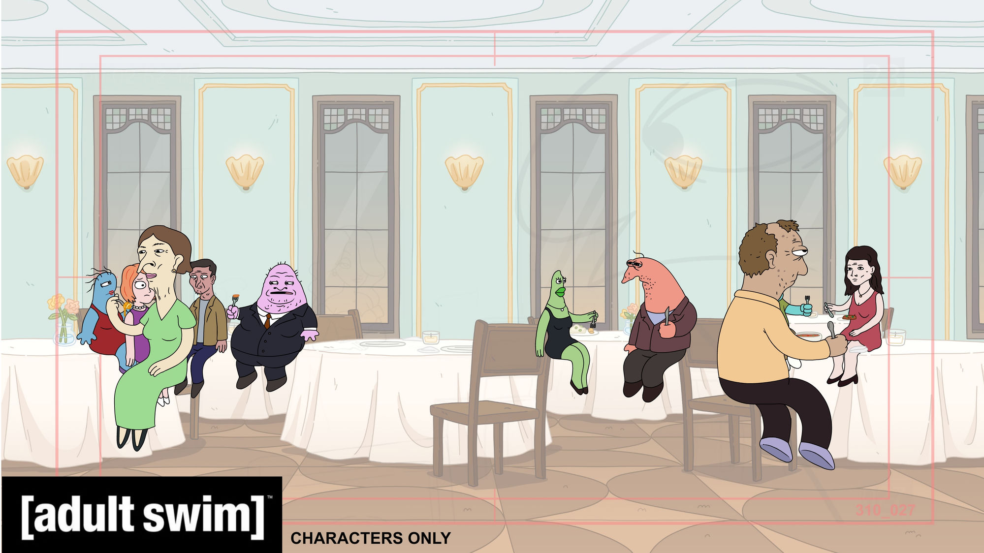 Characters seated in a restaurant dining room